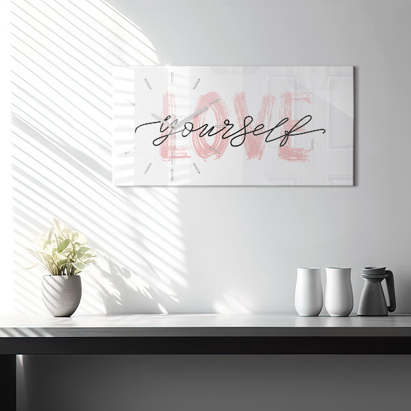 Glass wall clock rectangular Love yourself inscription