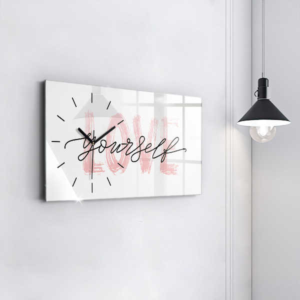Glass wall clock rectangular Love yourself inscription