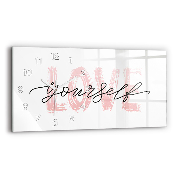 Glass wall clock rectangular Love yourself inscription