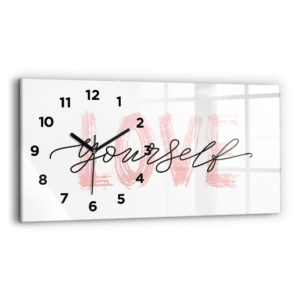 Glass wall clock rectangular Love yourself inscription