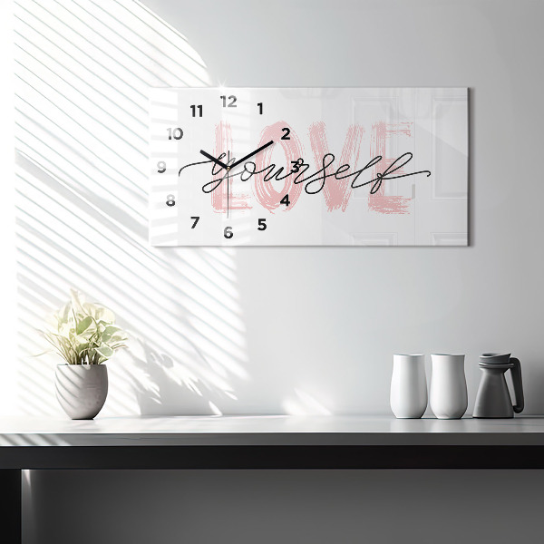 Glass wall clock rectangular Love yourself inscription