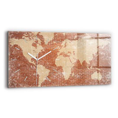 Glass wall clock rectangular World Map on Brick