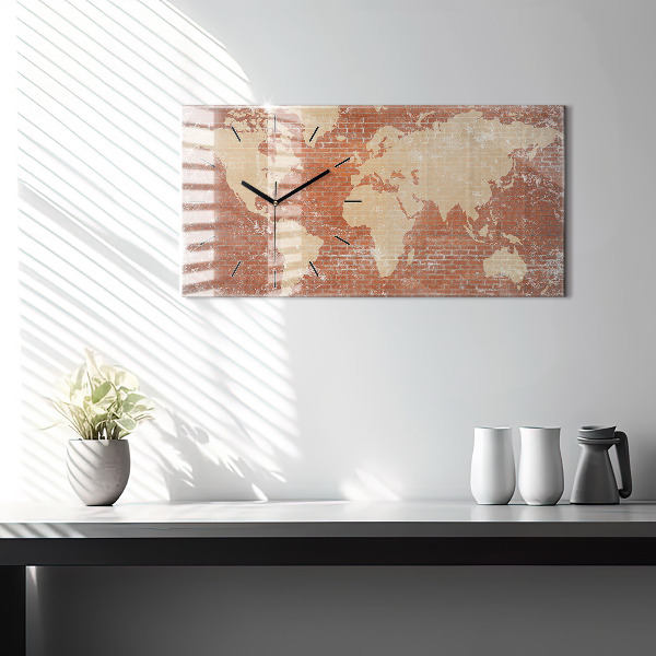 Glass wall clock rectangular World Map on Brick