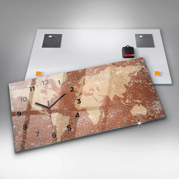 Glass wall clock rectangular World Map on Brick