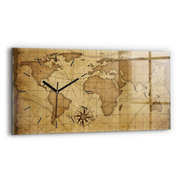 Glass wall clock rectangular Vintage world map