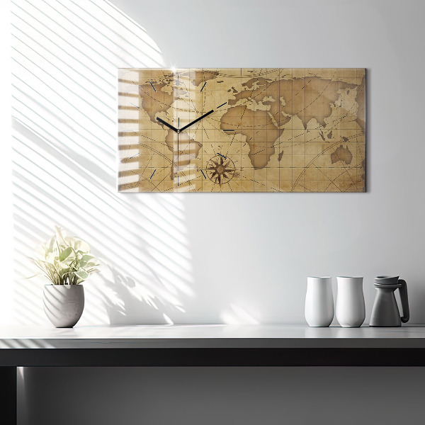 Glass wall clock rectangular Vintage world map