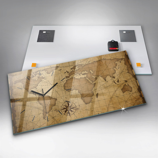 Glass wall clock rectangular Vintage world map