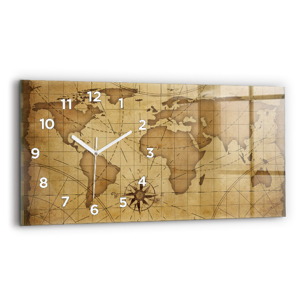 Glass wall clock rectangular Vintage world map