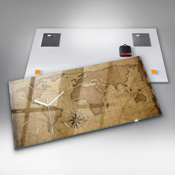Glass wall clock rectangular Vintage world map