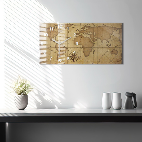 Glass wall clock rectangular Vintage world map