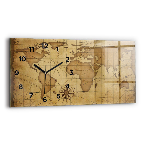 Glass wall clock rectangular Vintage world map