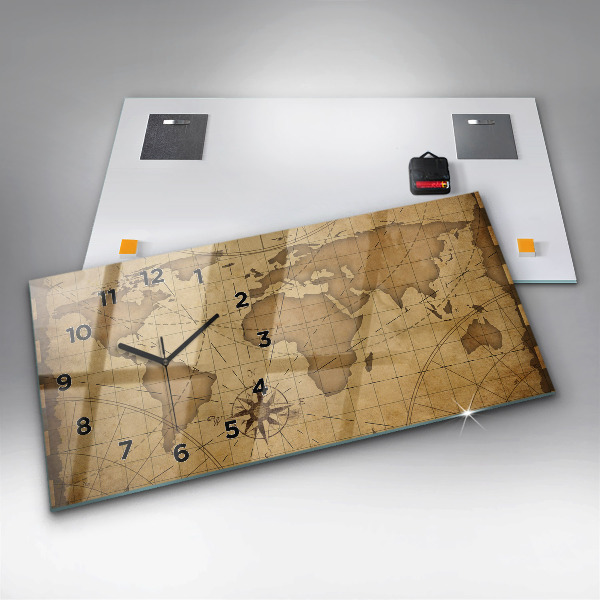 Glass wall clock rectangular Vintage world map