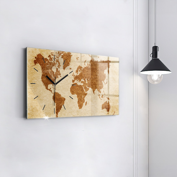 Glass wall clock rectangular Old style world map