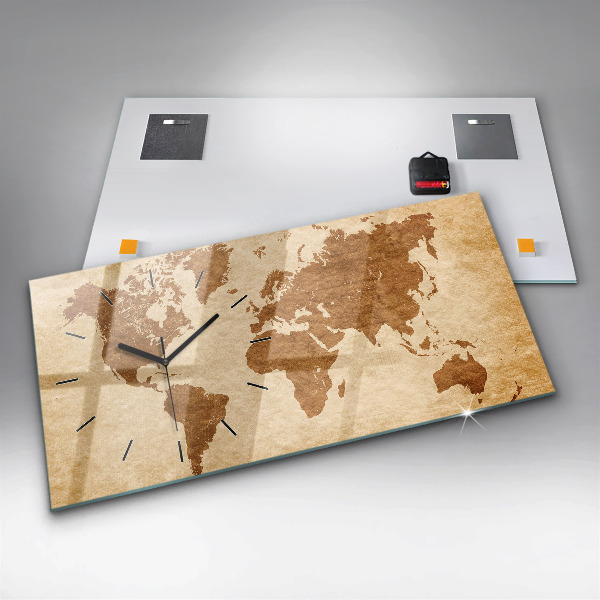 Glass wall clock rectangular Old style world map