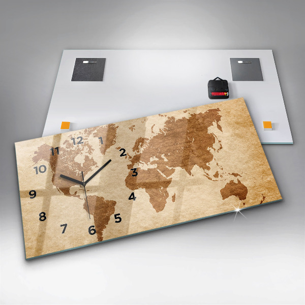 Glass wall clock rectangular Old style world map