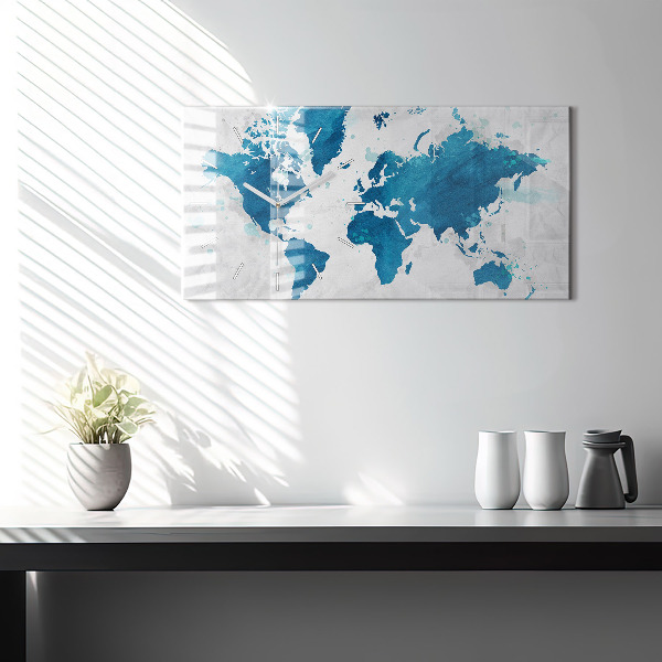 Glass wall clock rectangular World map