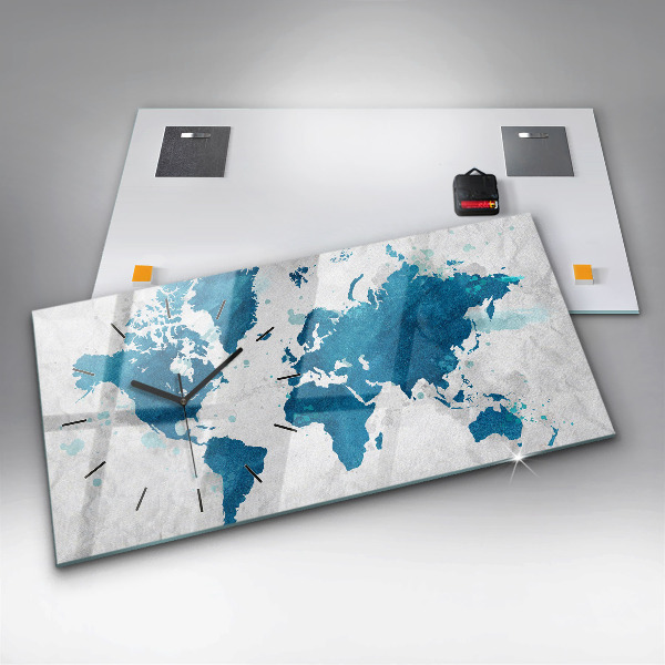 Glass wall clock rectangular World map