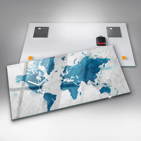 Glass wall clock rectangular World map