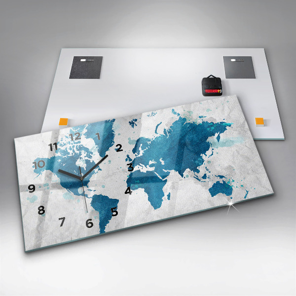 Glass wall clock rectangular World map