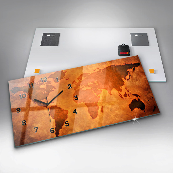 Glass wall clock rectangular Large world map
