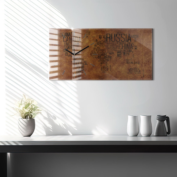 Glass wall clock rectangular Country names map