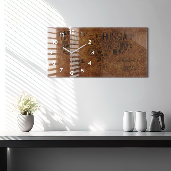 Glass wall clock rectangular Country names map