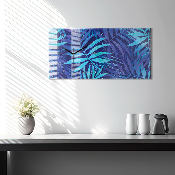Glass wall clock rectangular Blue leaves