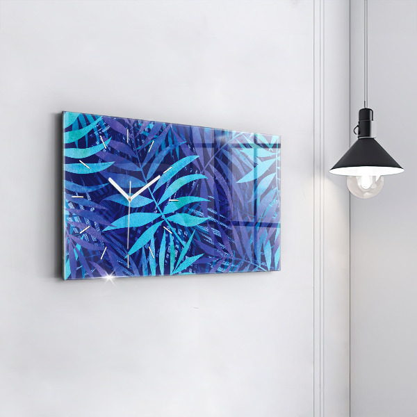 Glass wall clock rectangular Blue leaves