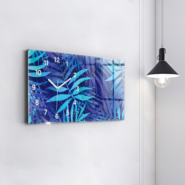 Glass wall clock rectangular Blue leaves