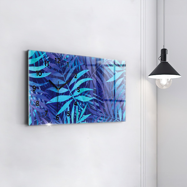 Glass wall clock rectangular Blue leaves