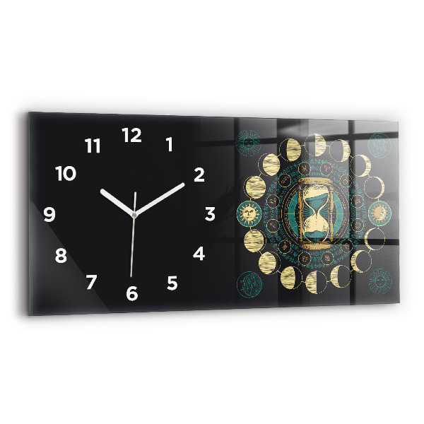Glass wall clock rectangular Moon phases and hourglass