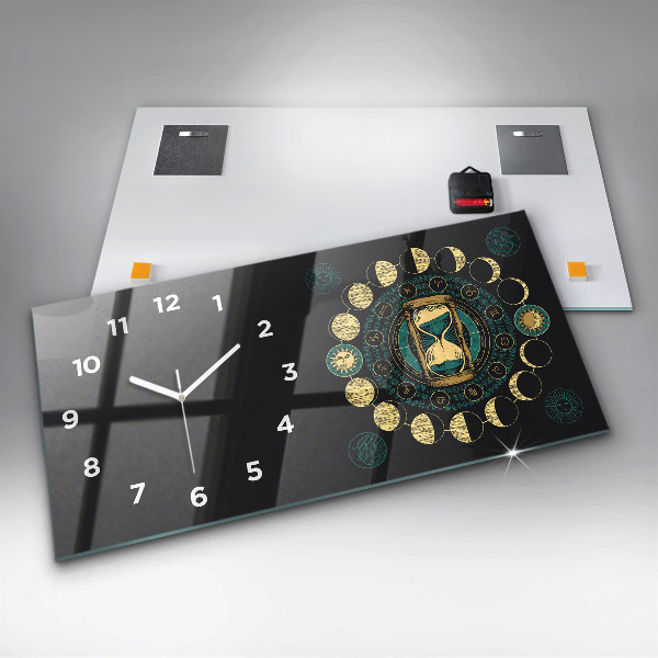 Glass wall clock rectangular Moon phases and hourglass