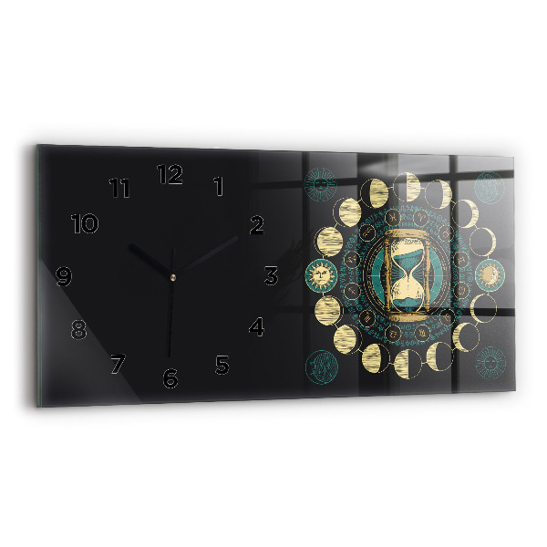 Glass wall clock rectangular Moon phases and hourglass