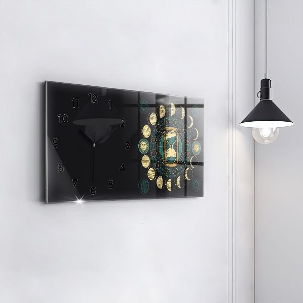 Glass wall clock rectangular Moon phases and hourglass