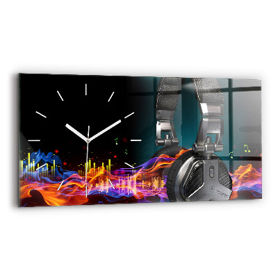 Glass wall clock rectangular Headphones and sound waves