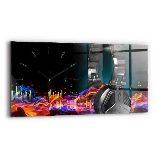 Glass wall clock rectangular Headphones and sound waves