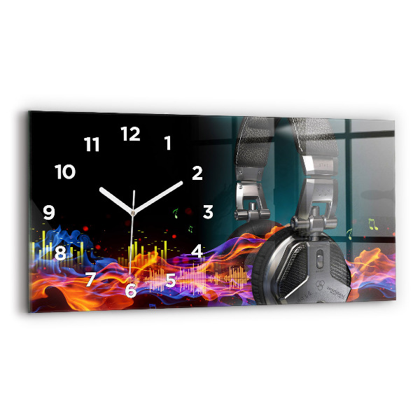 Glass wall clock rectangular Headphones and sound waves