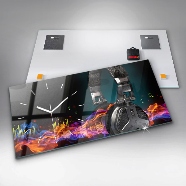 Glass wall clock rectangular Headphones and sound waves