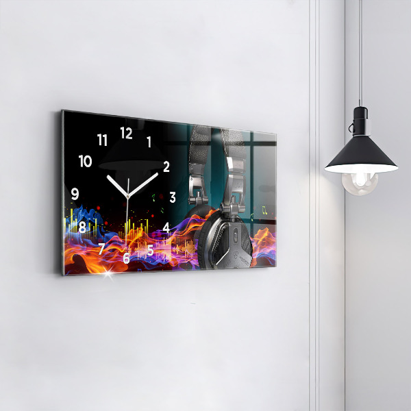 Glass wall clock rectangular Headphones and sound waves