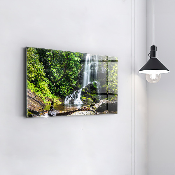Glass wall clock rectangular Waterfall forest