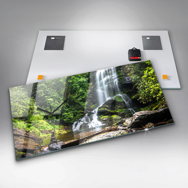 Glass wall clock rectangular Waterfall forest