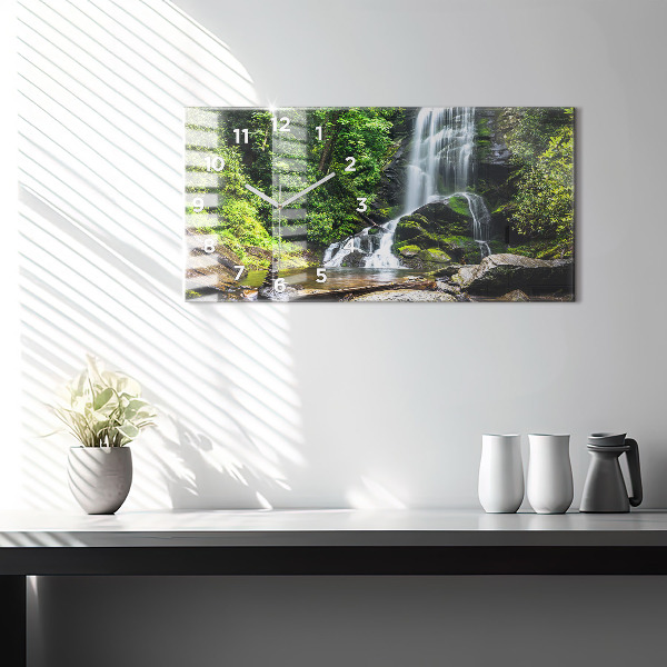 Glass wall clock rectangular Waterfall forest