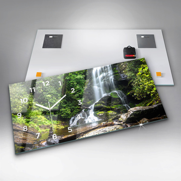 Glass wall clock rectangular Waterfall forest
