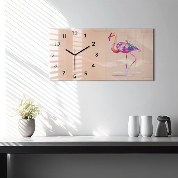 Glass wall clock rectangular Flamingo illustration