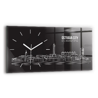 Glass wall clock rectangular City of Ostrava drawing