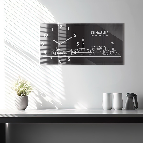 Glass wall clock rectangular City of Ostrava drawing