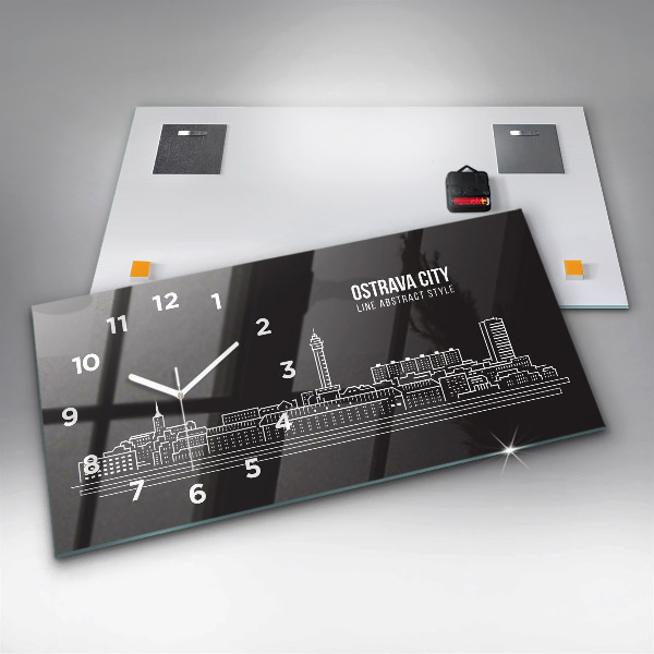 Glass wall clock rectangular City of Ostrava drawing