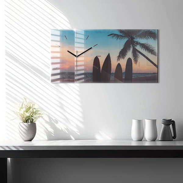 Glass wall clock rectangular Surfing on the beach