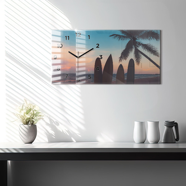 Glass wall clock rectangular Surfing on the beach