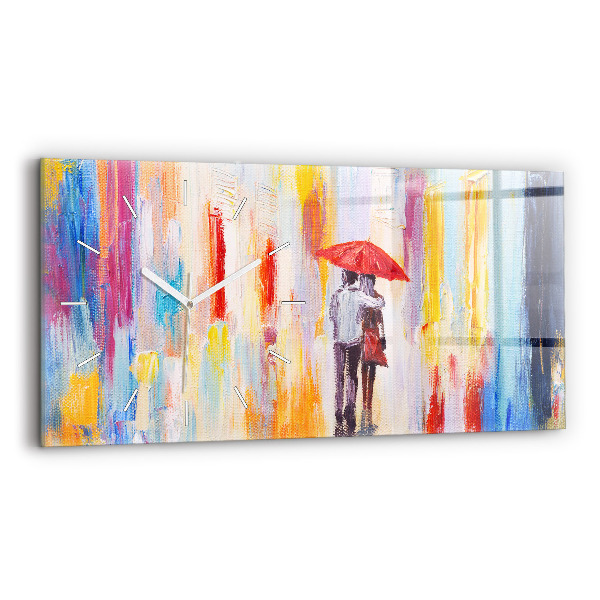 Glass wall clock rectangular Couple in the rain